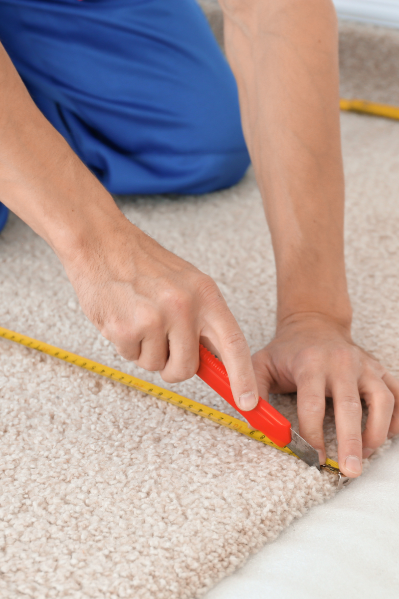 An Atlanta Flooring Company employee inspecting carpet dimensions with a tool.